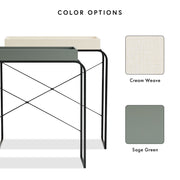Informational image showing the color options of a modern cream weave and black tray style console table