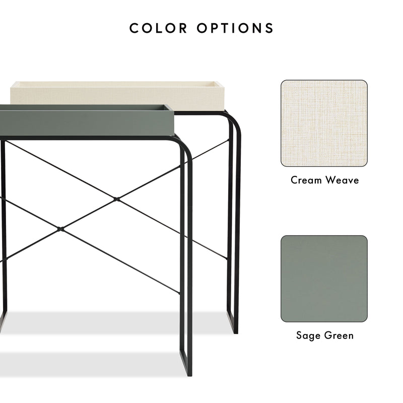 Informational image showing the color options of a modern cream weave and black tray style console table