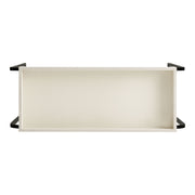 Front facing top view of a modern cream weave and black tray style console table on a white background