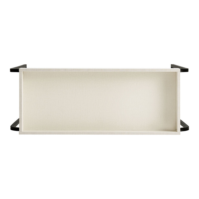Front facing top view of a modern cream weave and black tray style console table on a white background