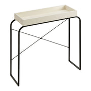 Right facing modern cream weave and black tray style console table on a white background