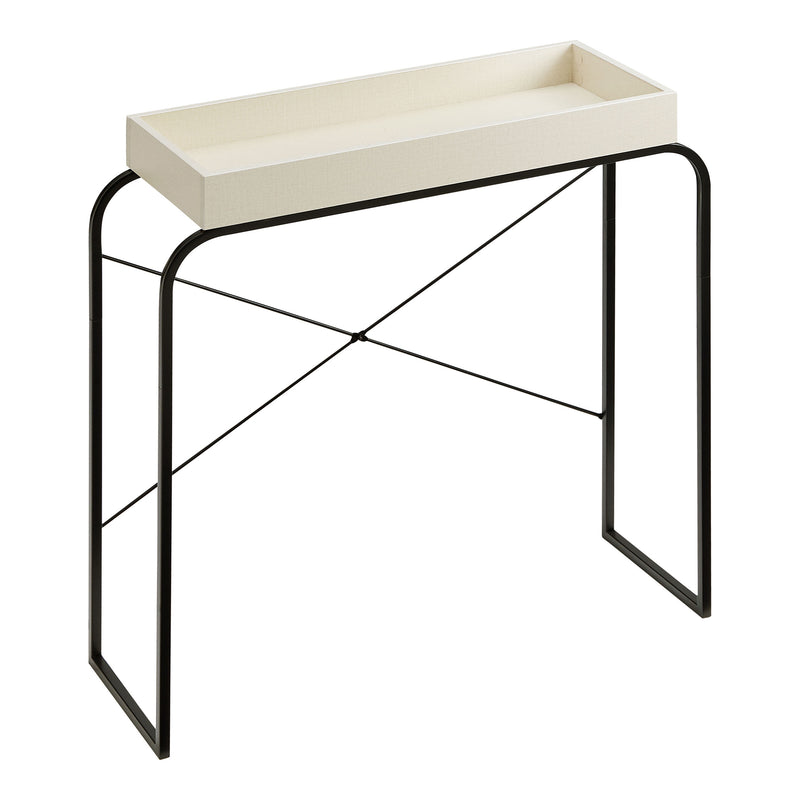 Right facing modern cream weave and black tray style console table on a white background