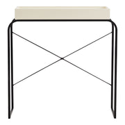 Front facing modern cream weave and black tray style console table on a white background