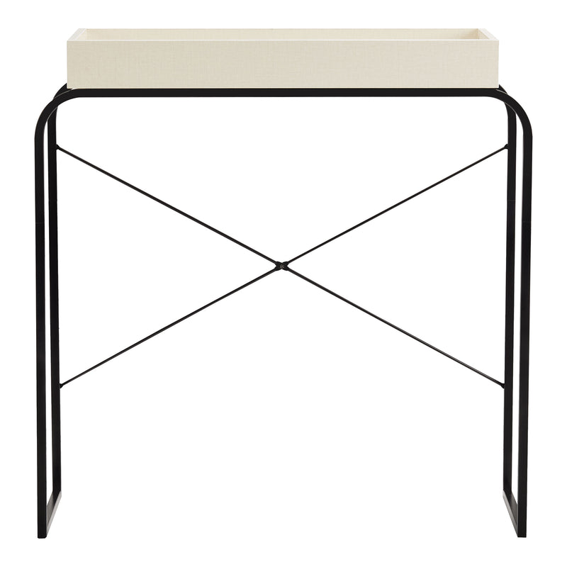 Front facing modern cream weave and black tray style console table on a white background