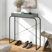 Left facing modern sage green and black tray style console table in a room with accessories