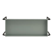 Front facing top view of a modern sage green and black tray style console table on a white background