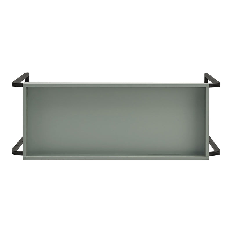 Front facing top view of a modern sage green and black tray style console table on a white background