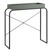 Right facing modern sage green and black tray style console table on a white background