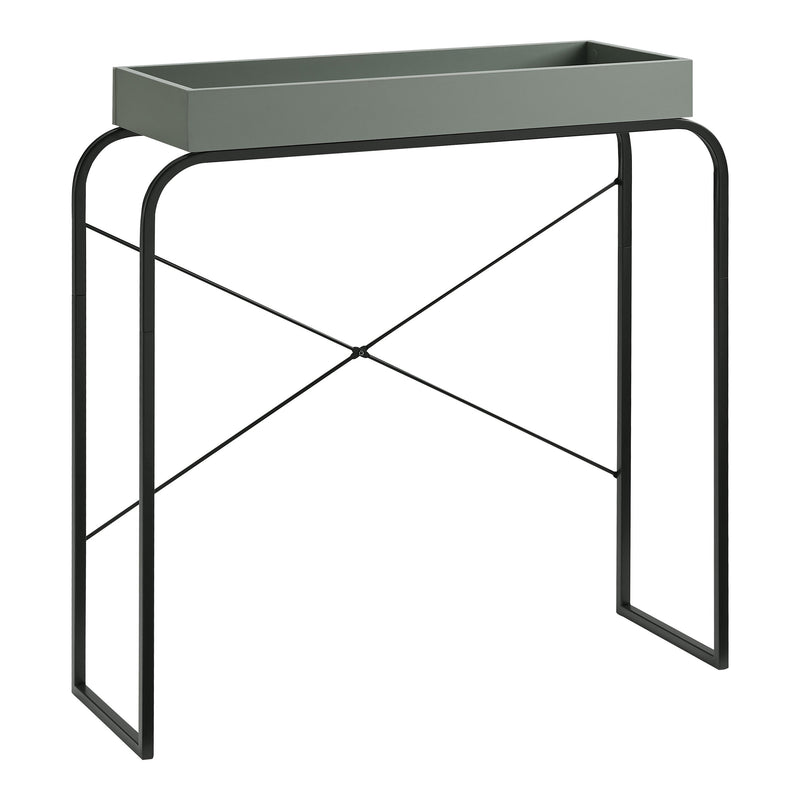 Right facing modern sage green and black tray style console table on a white background