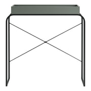 Front facing modern sage green and black tray style console table on a white background