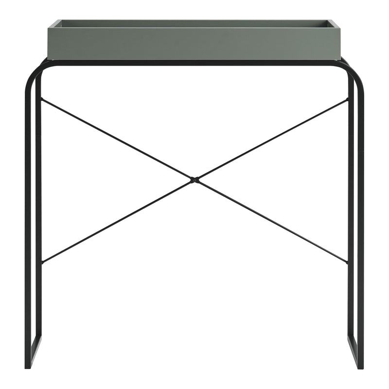 Front facing modern sage green and black tray style console table on a white background