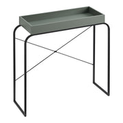 Right facing modern sage green and black tray style console table on a white background