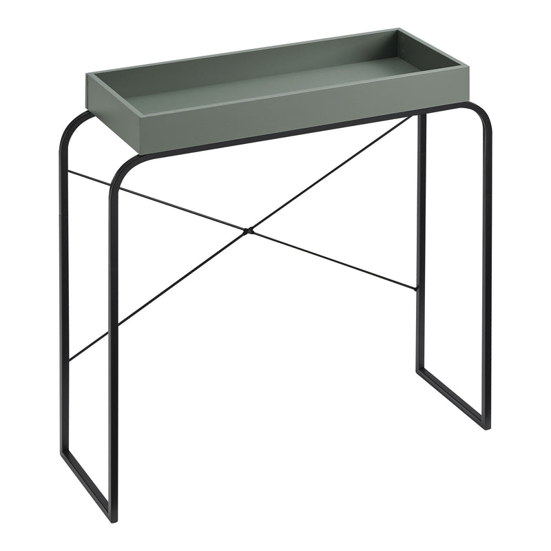 Right facing modern sage green and black tray style console table on a white background