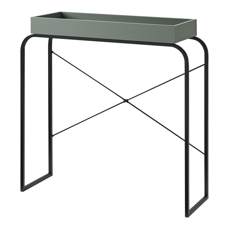 Left facing modern sage green and black tray style console table on a white background