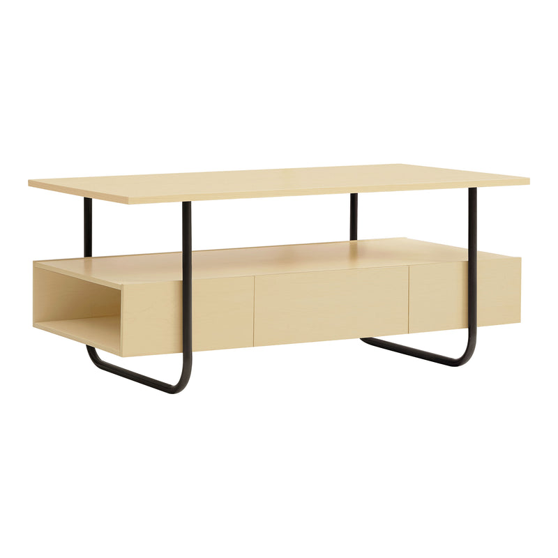 Right facing contemporary light maple and black multi-shelf coffee table with one drawer on a white background