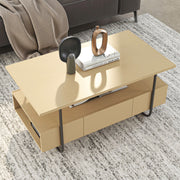 Right facing bird's eye view of a contemporary light maple and black multi-shelf coffee table with one drawer in a living room with accessories