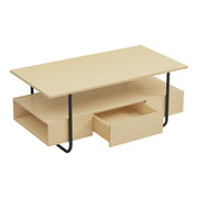 Right facing high view of a contemporary light maple and black multi-shelf coffee table with one drawer open on a white background