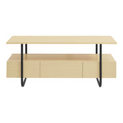 Front facing contemporary light maple and black multi-shelf coffee table with one drawer on a white background