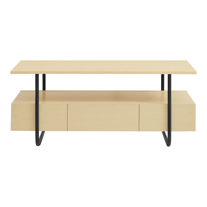 Front facing contemporary light maple and black multi-shelf coffee table with one drawer on a white background
