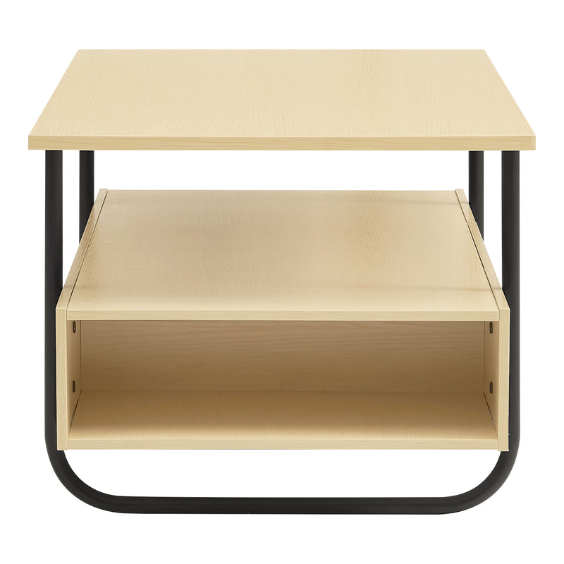 Front facing side view of a contemporary light maple and black multi-shelf coffee table with one drawer on a white background