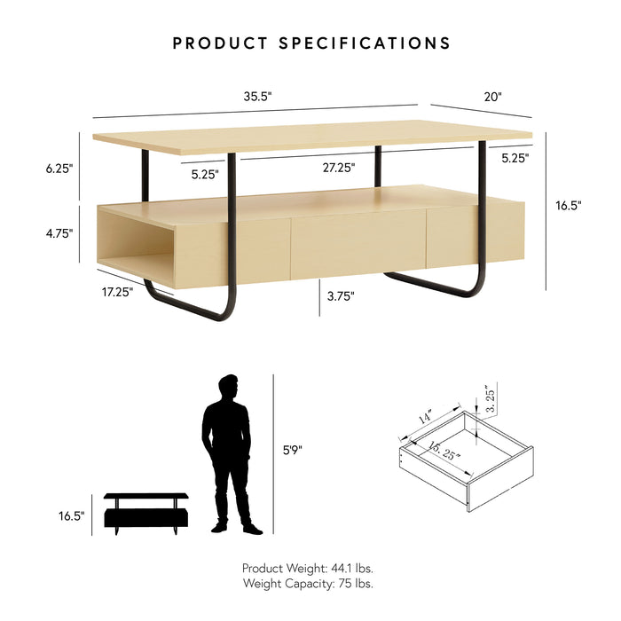 Informational image of the dimensions of a contemporary light maple and black multi-shelf coffee table with one drawer