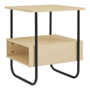 Right facing contemporary light maple and black two-shelf end table on a white background