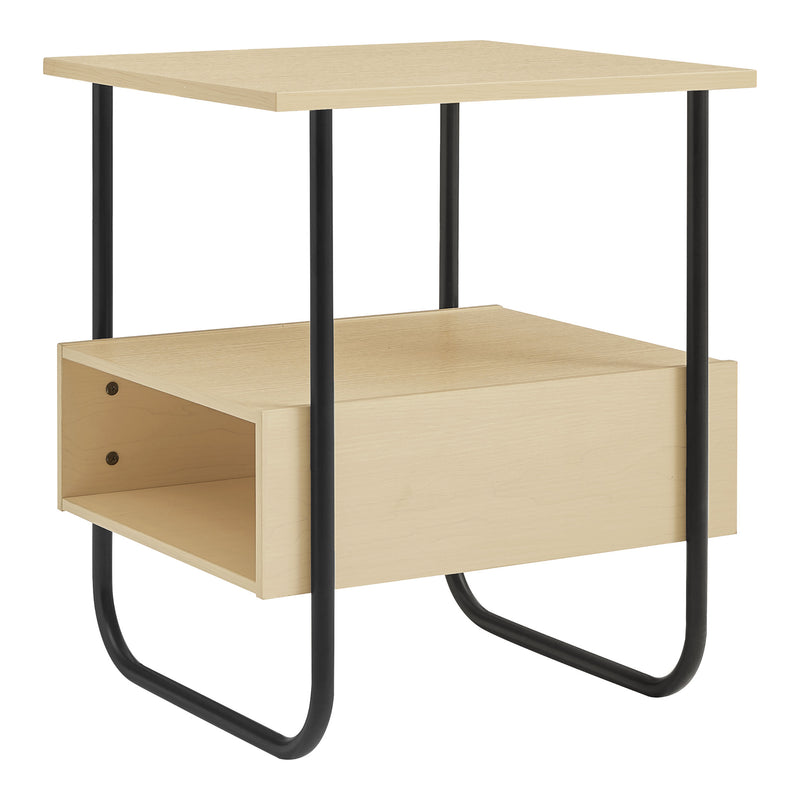 Right facing contemporary light maple and black two-shelf end table on a white background