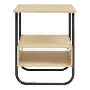 Front facing side view of a contemporary light maple and black two-shelf end table on a white background