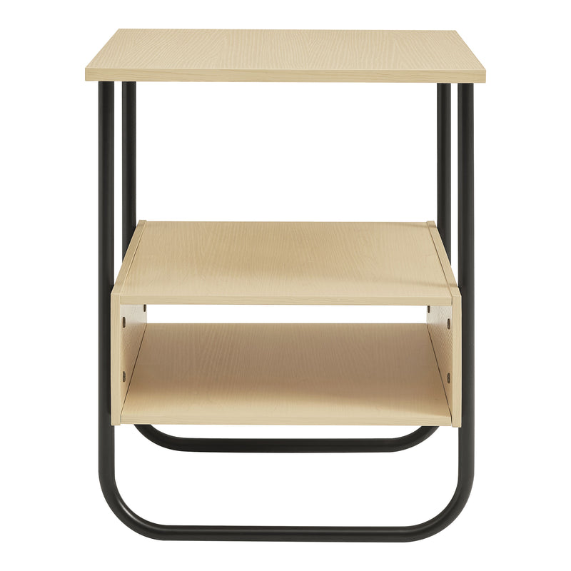 Front facing side view of a contemporary light maple and black two-shelf end table on a white background