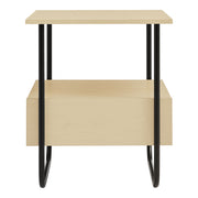 Front facing contemporary light maple and black two-shelf end table on a white background