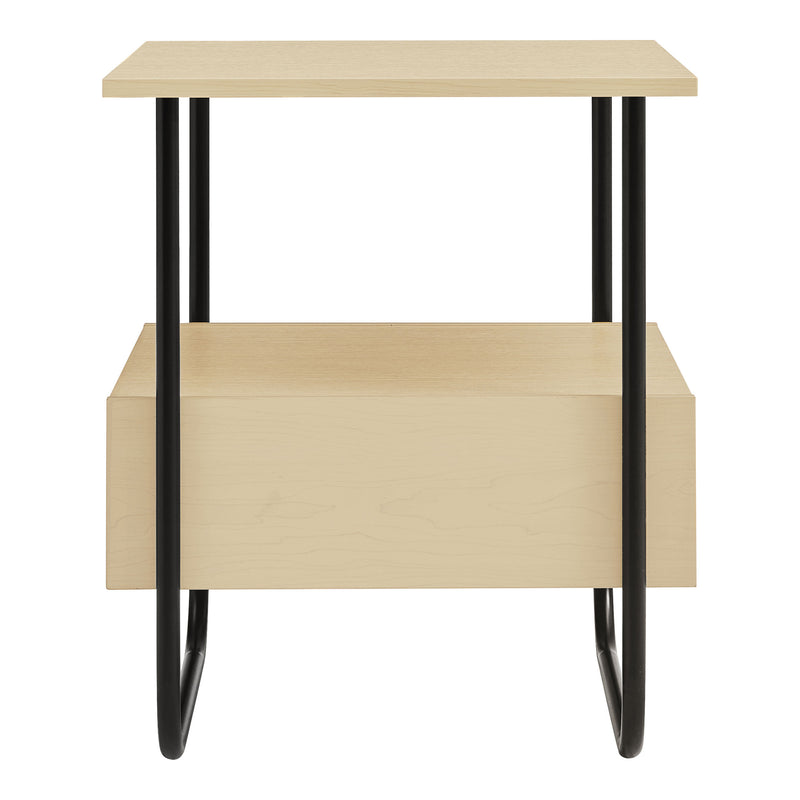 Front facing contemporary light maple and black two-shelf end table on a white background
