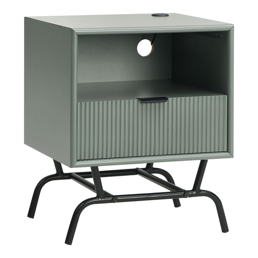 Right facing contemporary one-drawer wave-front sage green and black end table with USB ports on a white background