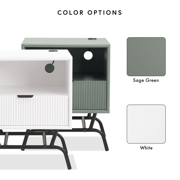 Informational image showing the color options of a contemporary one-drawer wave-front sage green and black end table with USB ports
