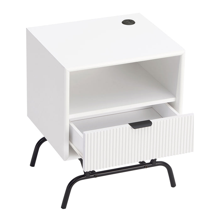 Right facing bird's eye view of a contemporary one-drawer wave-front pure white and black end table with USB ports and drawer open on a white background