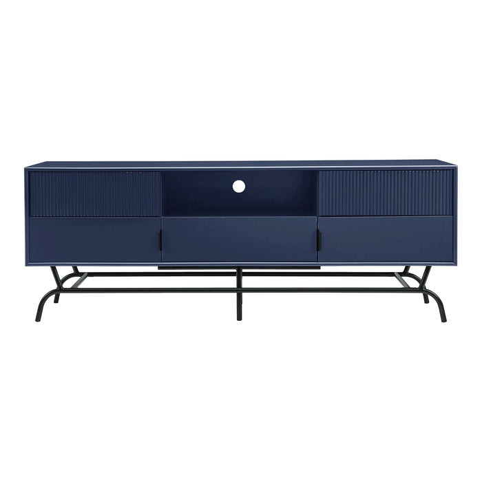 Front facing contemporary indigo blue and black three-drawer two-door TV stand with fluting on a white background