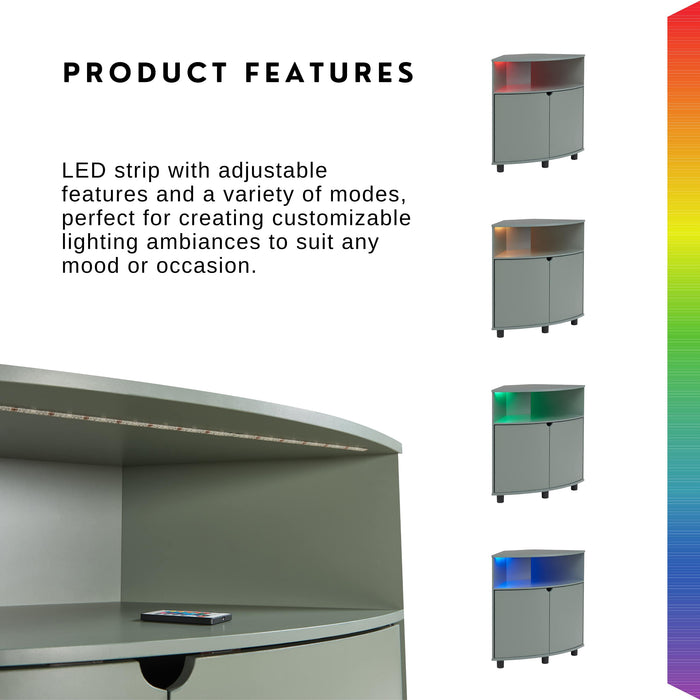 Informational image showing the lighting colors of a contemporary pure white two-door corner cabinet with LED lighting