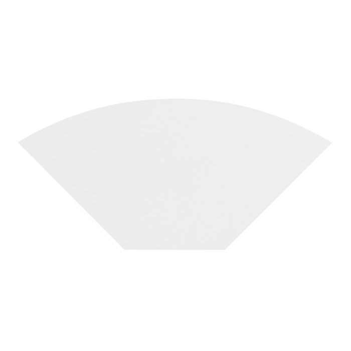 Front facing top view of a contemporary pure white two-door corner cabinet with LED lighting on a white background