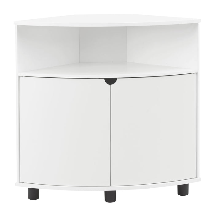 Front facing contemporary pure white two-door corner cabinet with LED lighting on a white background
