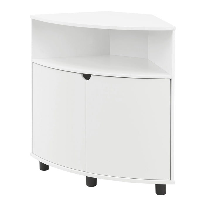 Left facing contemporary pure white two-door corner cabinet with LED lighting on a white background