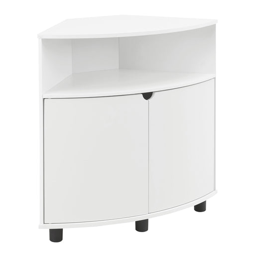 Right facing contemporary pure white two-door corner cabinet with LED lighting on a white background