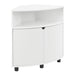 Right facing contemporary pure white two-door corner cabinet with LED lighting on a white background