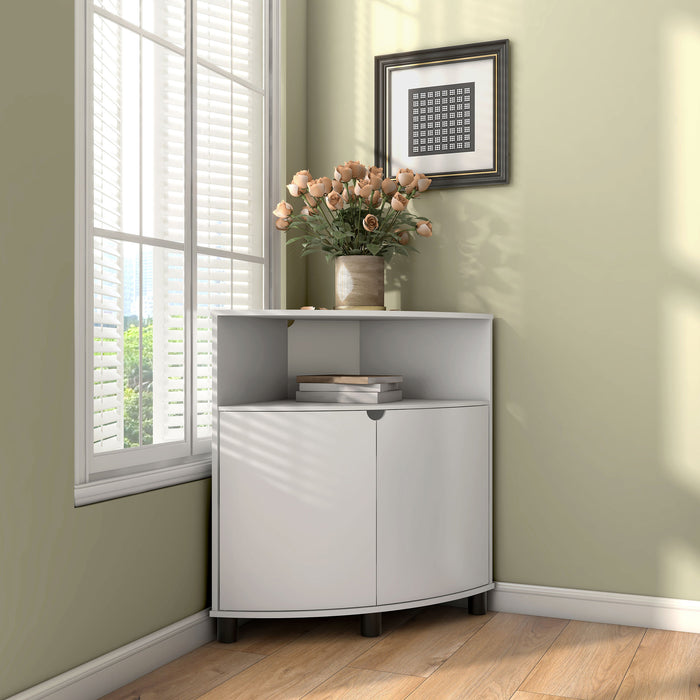 Right facing contemporary pure white two-door corner cabinet with LED lighting in a room with accessories