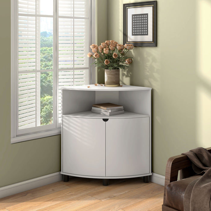 Front facing contemporary pure white two-door corner cabinet with LED lighting in a room with accessories
