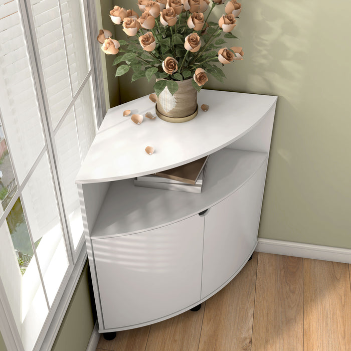 Right facing bird's eye view of a contemporary pure white two-door corner cabinet with LED lighting in a room with accessories