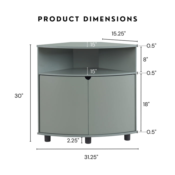 Informational image showing the dimensions of a contemporary pure white two-door corner cabinet with LED lighting