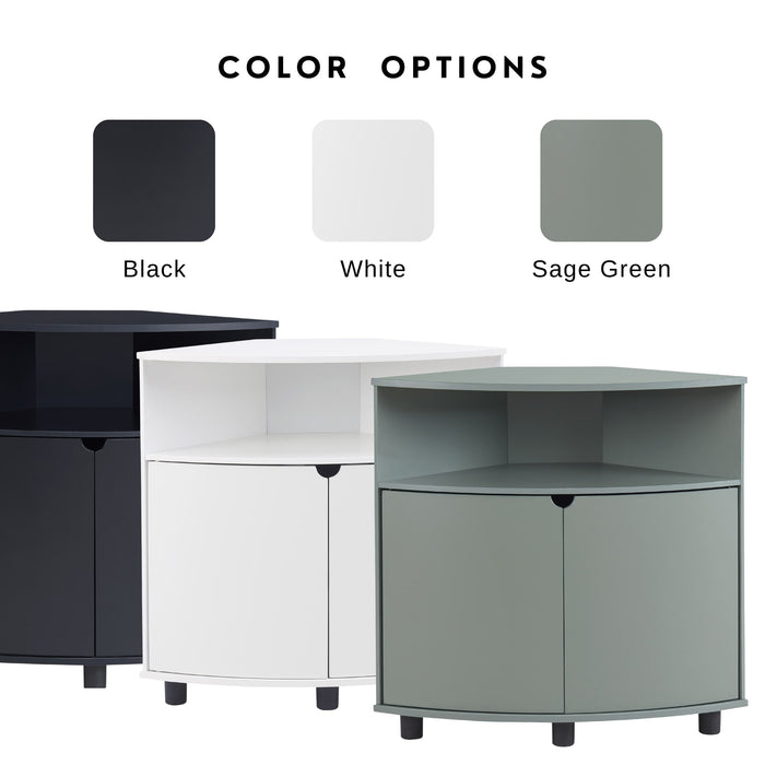 Informational image showing the color options of a contemporary pure white two-door corner cabinet with LED lighting
