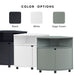 Informational image showing the color options of a contemporary pure white two-door corner cabinet with LED lighting