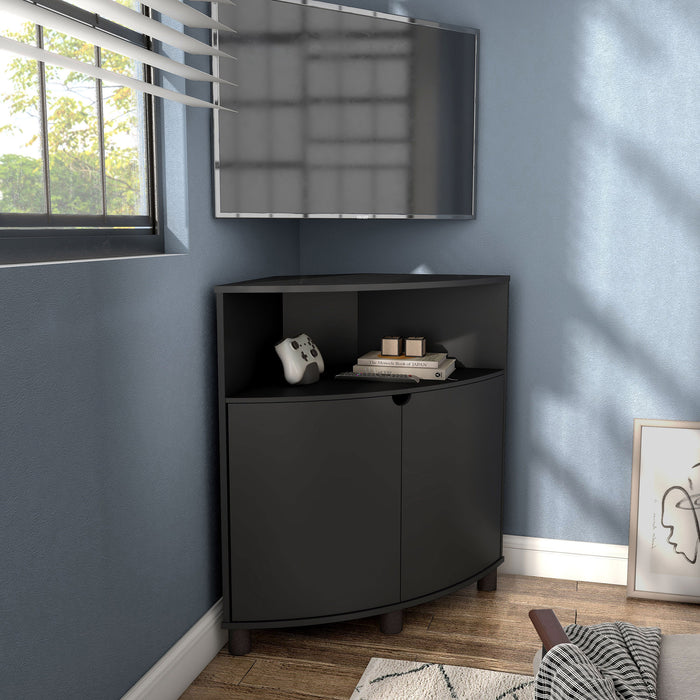 Right facing contemporary pure black two-door corner cabinet with LED lighting in a room with accessories