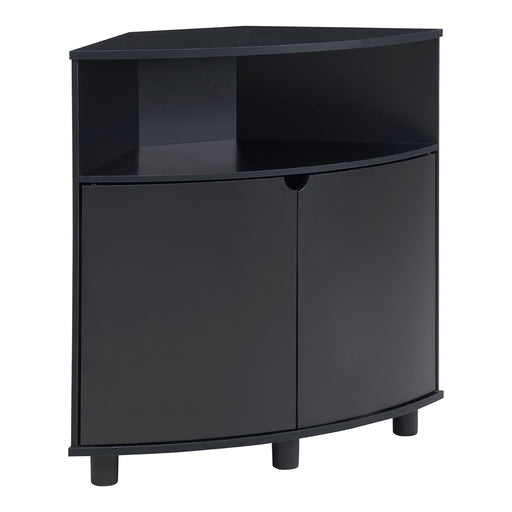Right facing contemporary pure black two-door corner cabinet with LED lighting on a white background