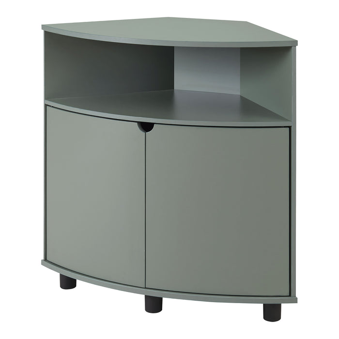 Left facing contemporary sage green two-door corner cabinet with LED lighting on a white background